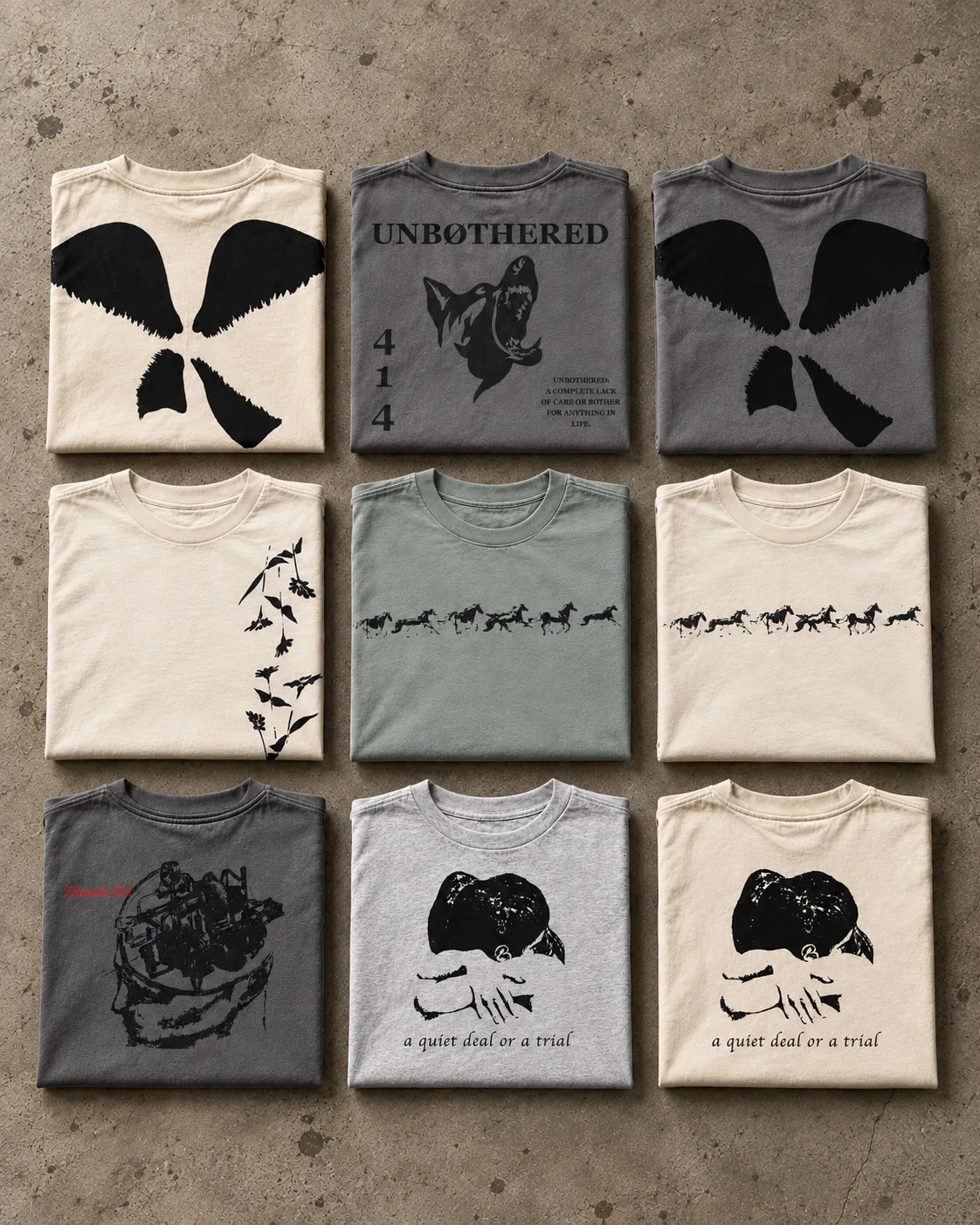 Nine folded Stitches and 808s tees: Wings and Unbothered, Flower and Horses, Mindful and Quiet Deal, with alternate colorways