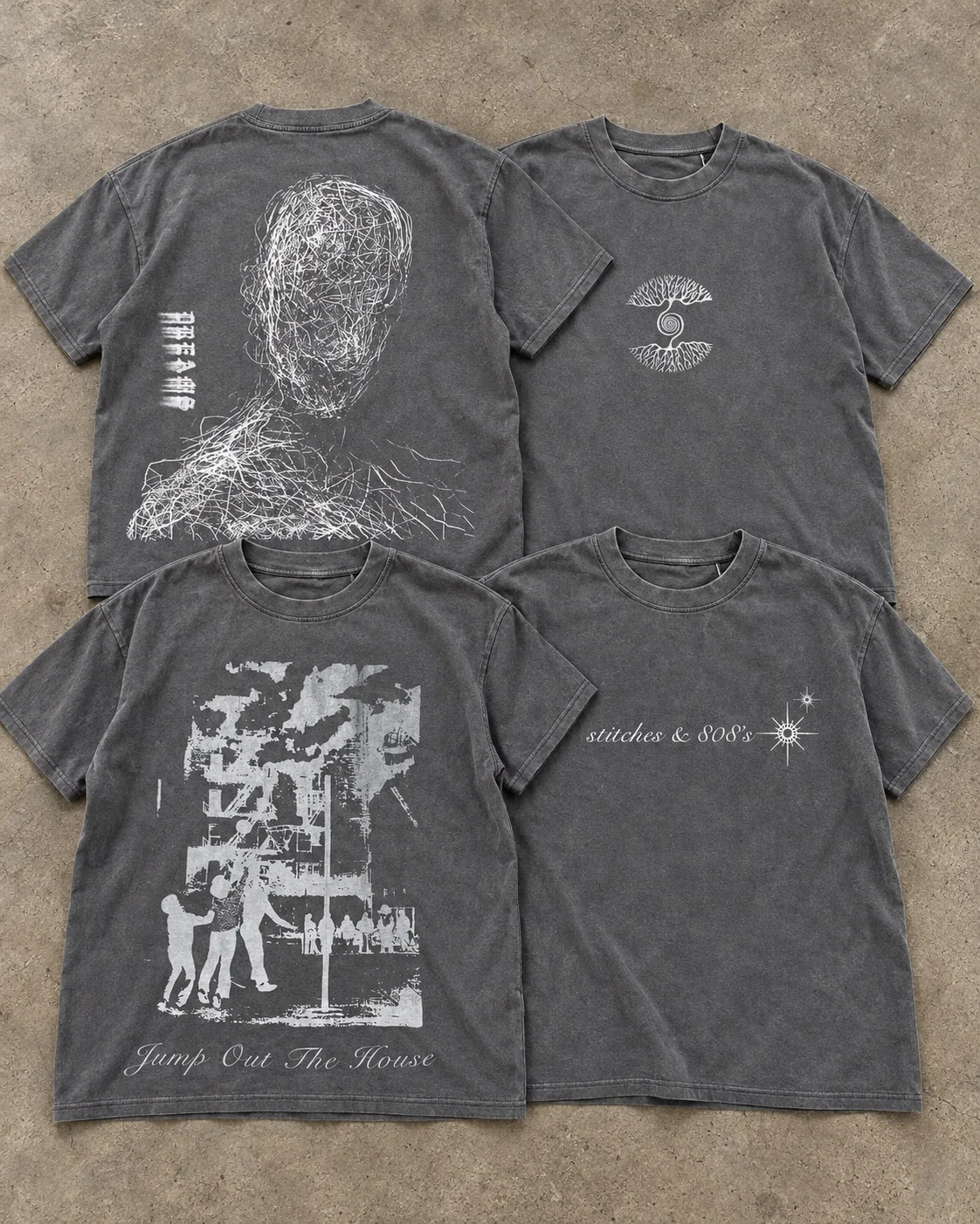 Studio composition of Dreams head artwork, Eternal Oak, Jump Out the House, and the Dreams 2.0 Stitches and 808s logo front