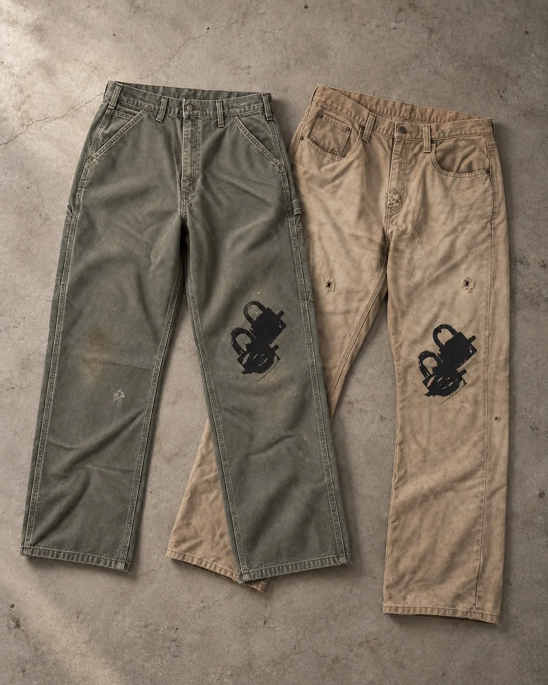 Studio visualization of overlapping green and tan lock-and-key jeans on warm concrete